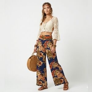 HIGH Waisted Boho Floral Silk Blend Palazzo Pants SZ S